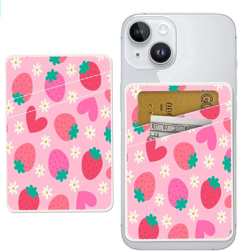 AOHRO Dual Pocket Leather Phone Wallet Adhesive Stick On, Cute Strawberry Card Holder - Image 1
